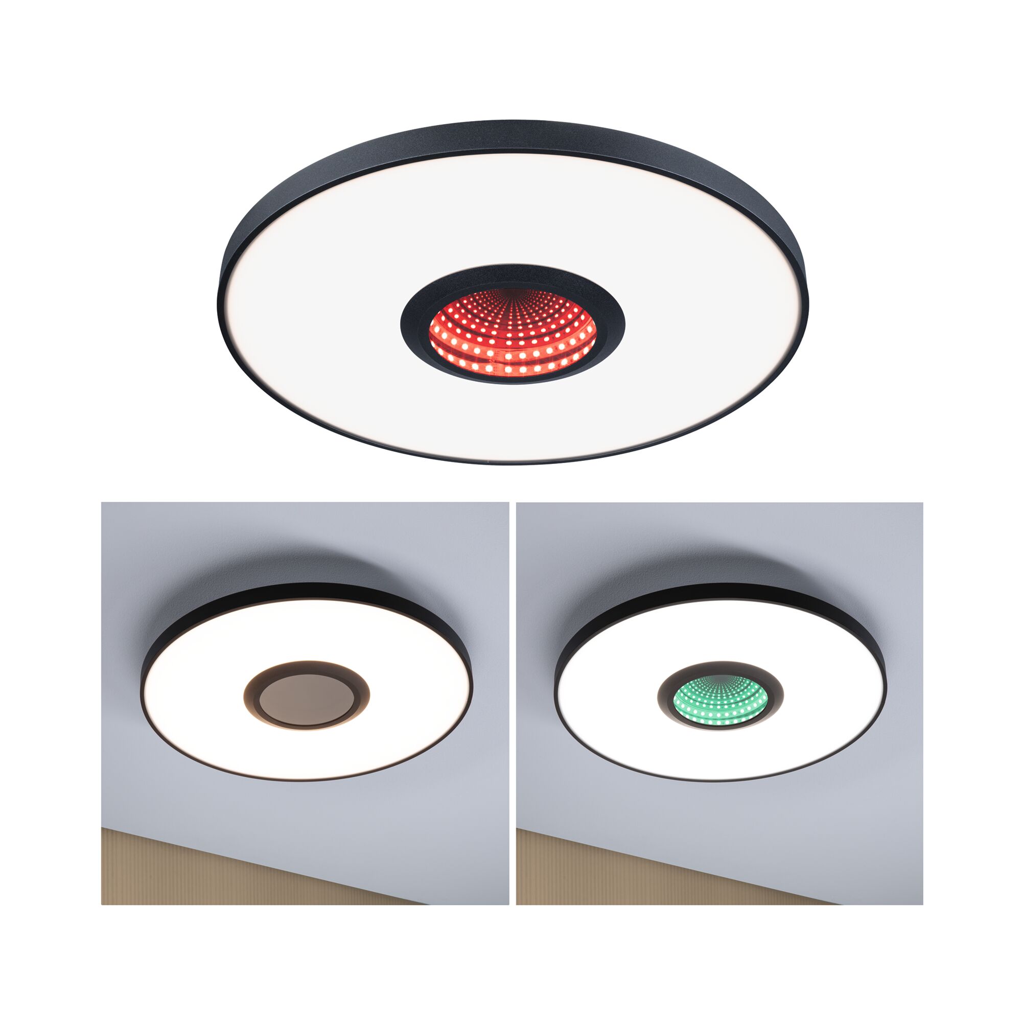 Mur et Plafonnier Produits de deuxième choix Spaceglow Three RGB+ 1400lm 230V 21W gradable Noir mat Plafonnier LED rond avec cadre noir et centre changeant de couleur pour un éclairage intérieur moderne