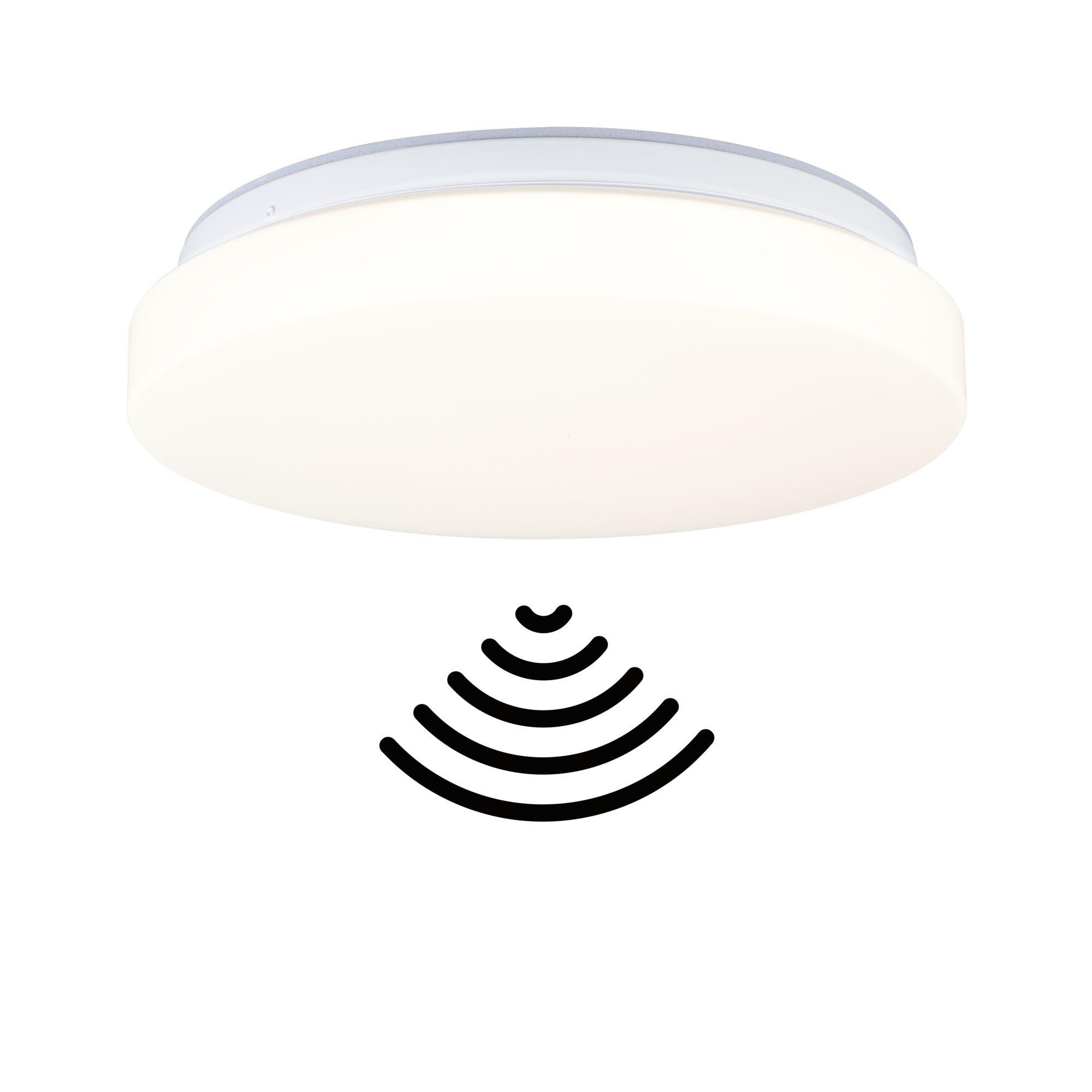 Plafonnier LED Luiana Détecteur de mouvement crépusculaire (HF) IP44 White Select 1750lm 230V 16,5W gradable Blanc Plafonnier LED rond blanc avec icône de détecteur de mouvement pour éclairage économique