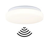 Runde weiße LED-Deckenleuchte mit Bewegungsmelder-Symbol für energiesparende Raumbeleuchtung