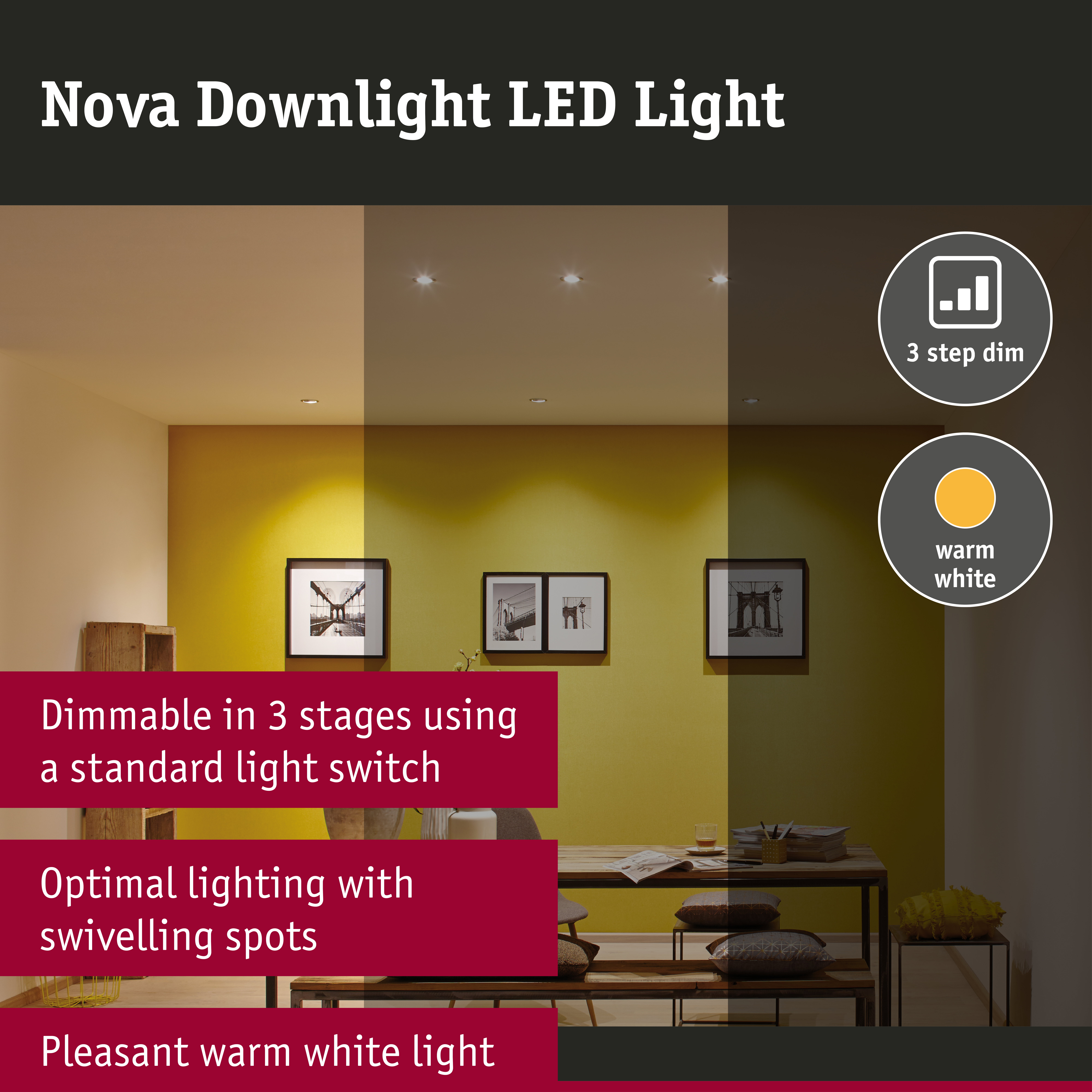 LED Downlight 3-Step-Dim Nova Coin Basic Set Swivelling round 84mm 50° Coin 3x6W 3x470lm 230V dimmable 2700K Chrome