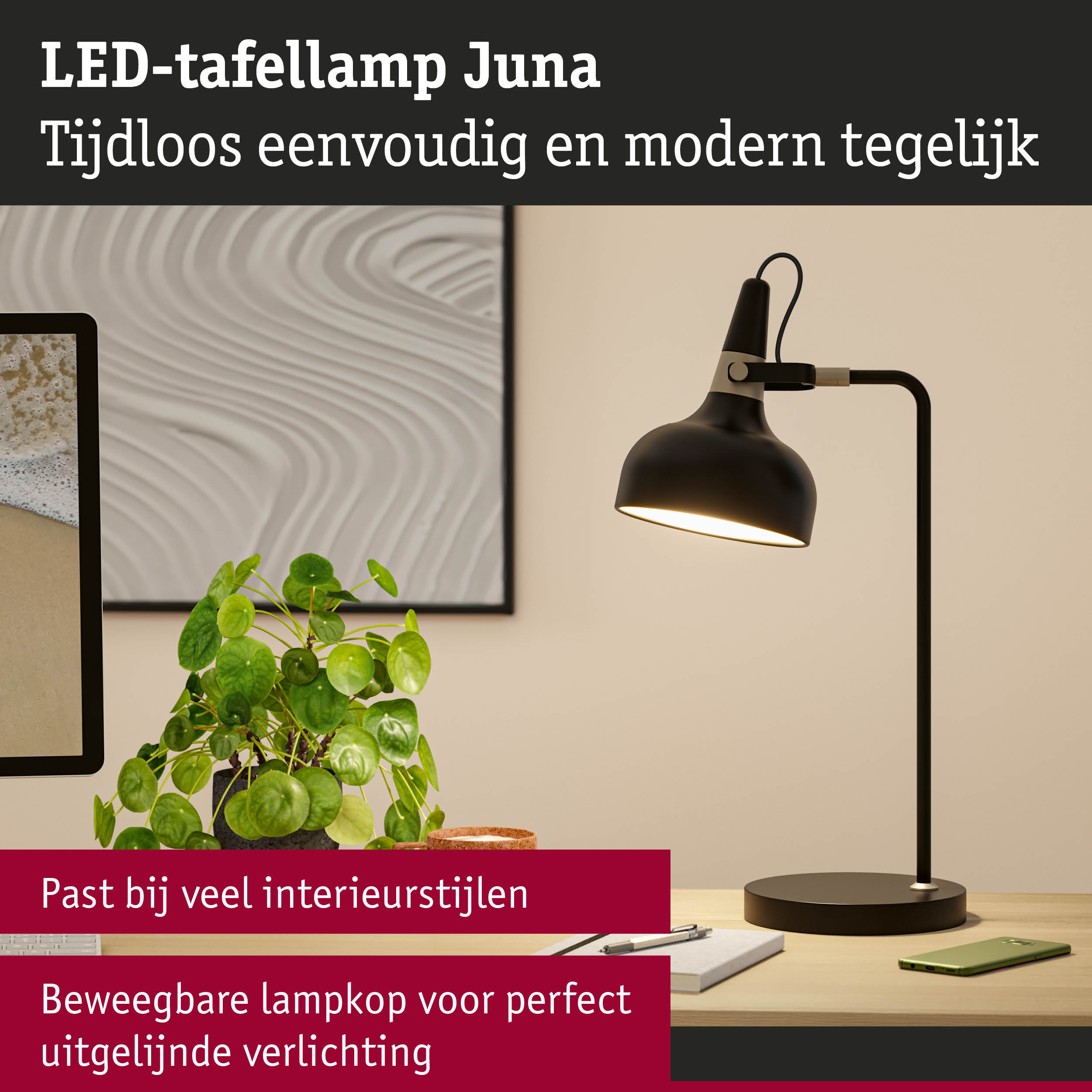 Zwarte LED-tafellamp Juna met beweegbare lampkop voor perfecte uitgelijnde verlichting in modern interieur