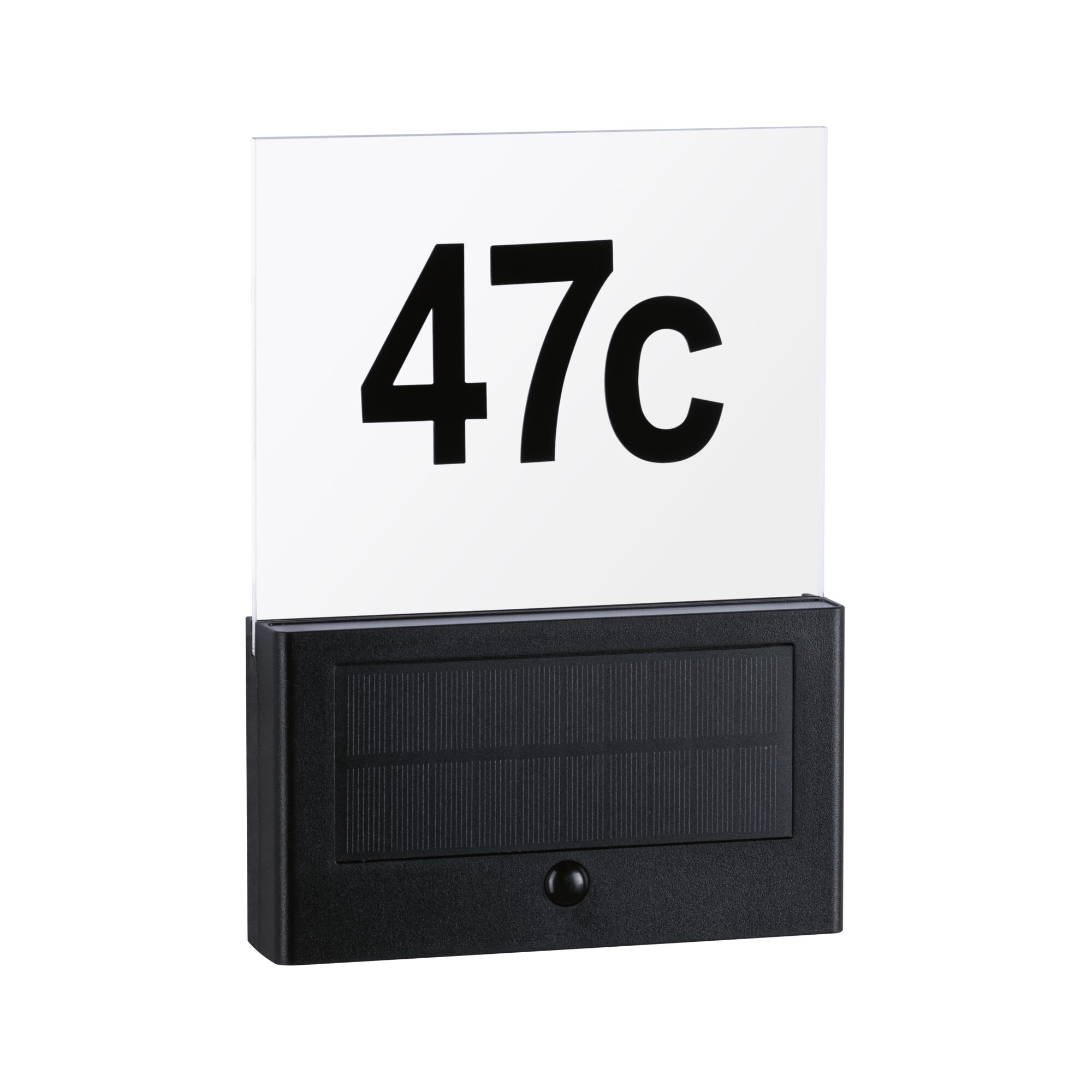 Schwarzes Solar-Hausnummernschild mit klarer Acrylplatte und großen schwarzen Ziffern 47c für Außenbereiche