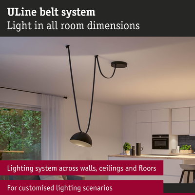Black ULine belt system pendant light in modern living space for customizable lighting scenarios