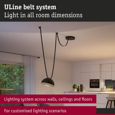 Black ULine belt system pendant light in modern living space for customizable lighting scenarios