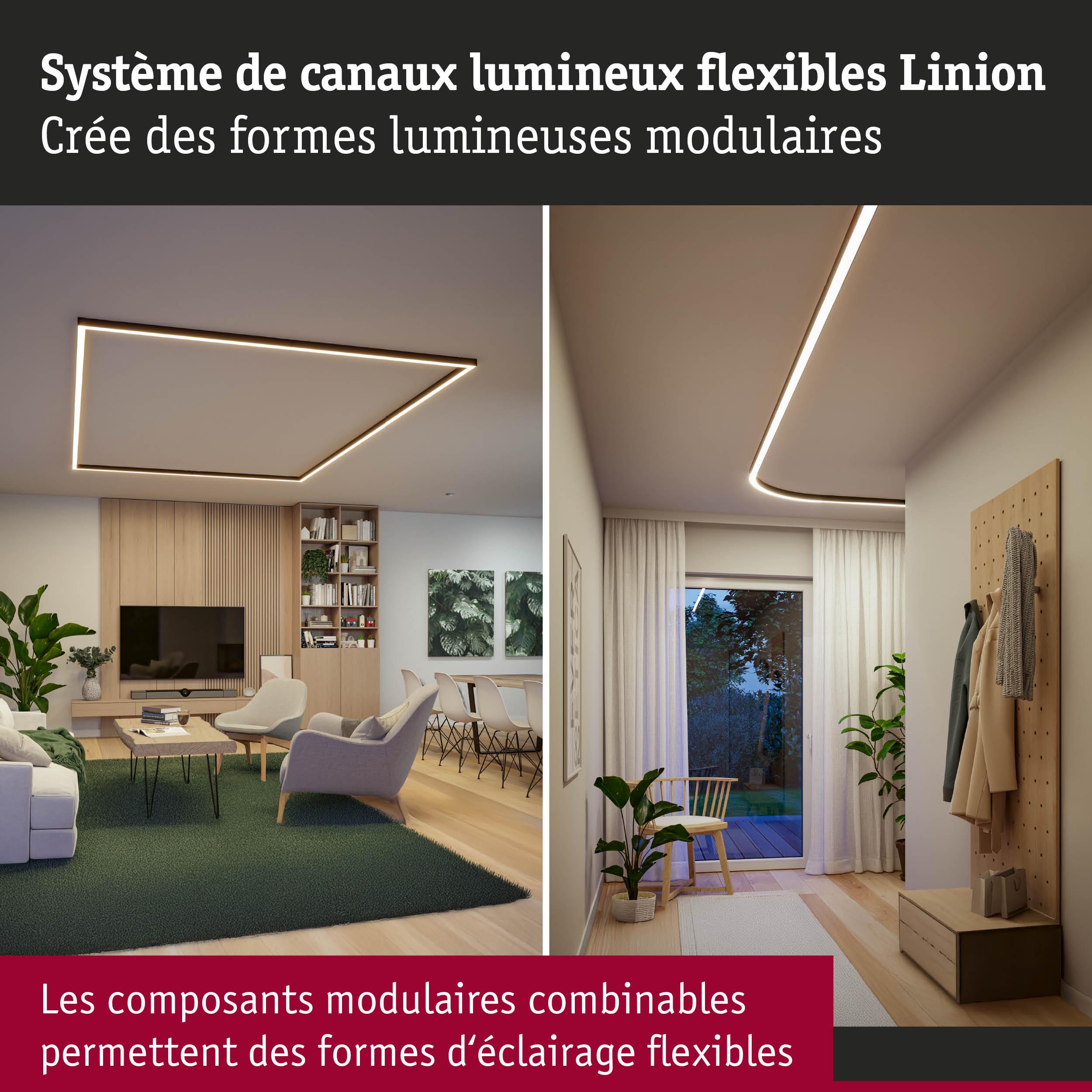 Système de canaux lumineux flexibles Linion créant des formes d’éclairage modulaires dans un salon moderne
