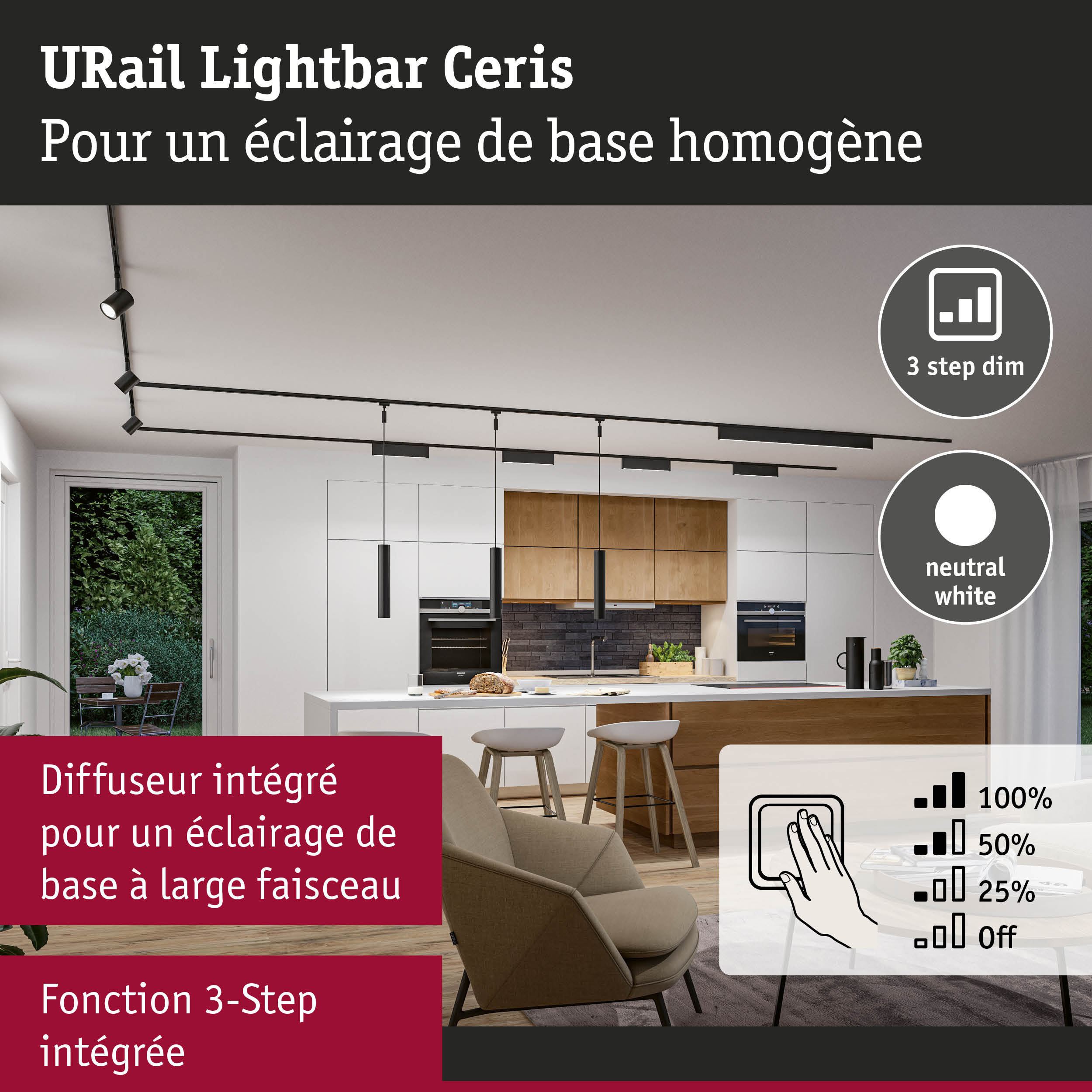 Plafonnier noir URail Lightbar Ceris avec diffuseur intégré et fonction de gradation 3 étapes pour cuisine