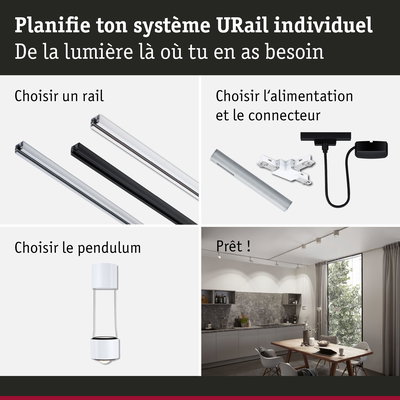 Système modulaire URail en aluminium avec alimentation et pendulum blanc pour éclairage LED personnalisable