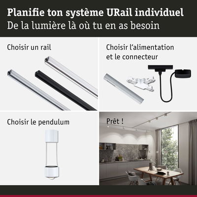 Système modulaire URail en aluminium avec alimentation et pendulum blanc pour éclairage LED personnalisable