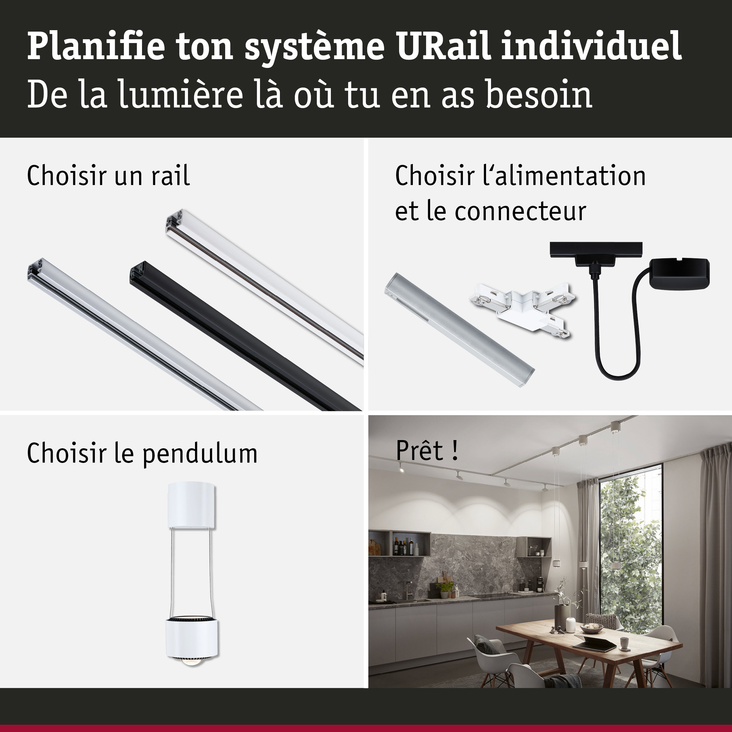 Système de rail modulaire URail avec rails de différentes couleurs et suspension pour éclairage flexible