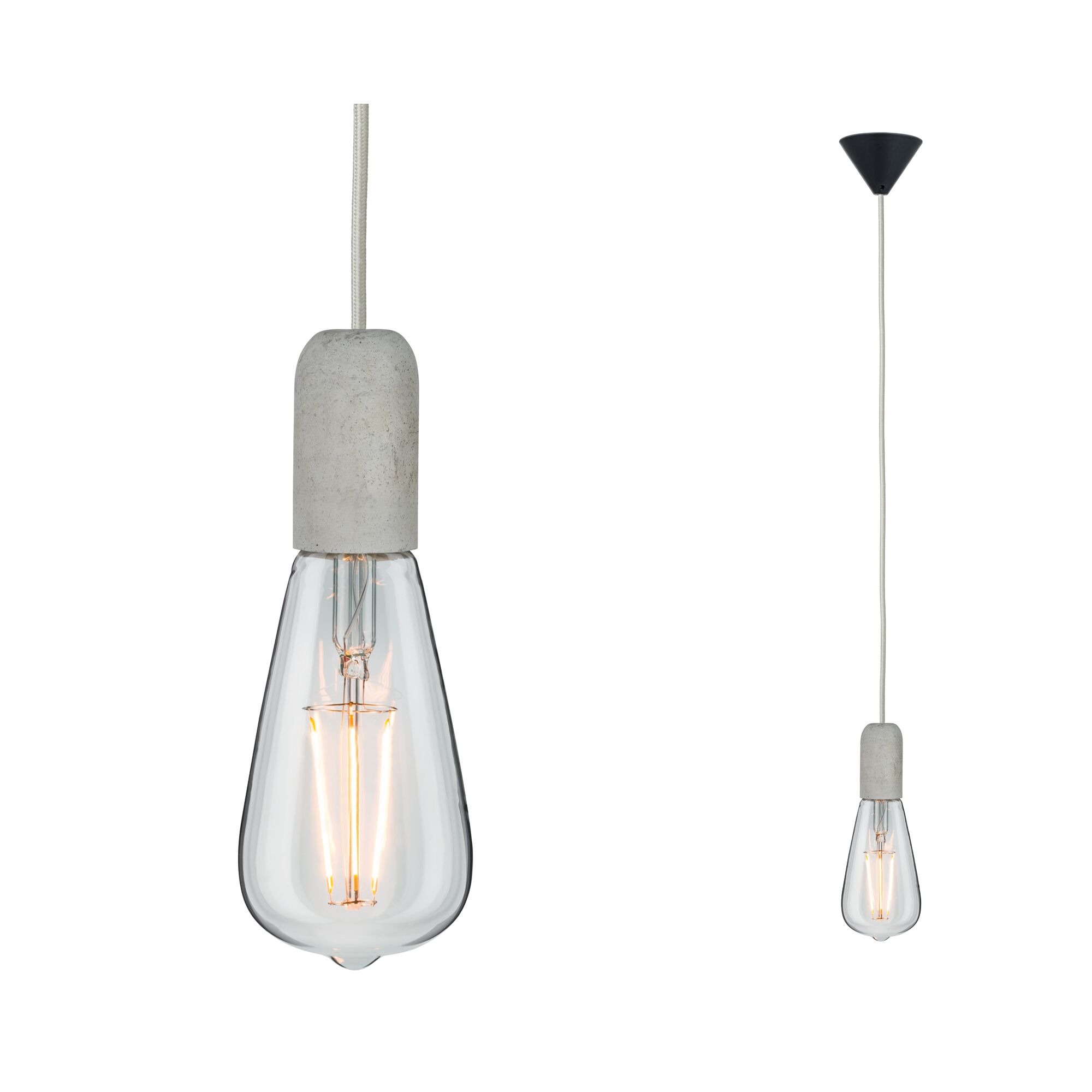 Neordic Pendelleuchte Jano E27 max. 60W Grau/Schwarz dimmbar Beton/Kunststoff Hängelampe mit grauem Beton-Fassung und klarer Glühbirne für modernes Wohnambiente