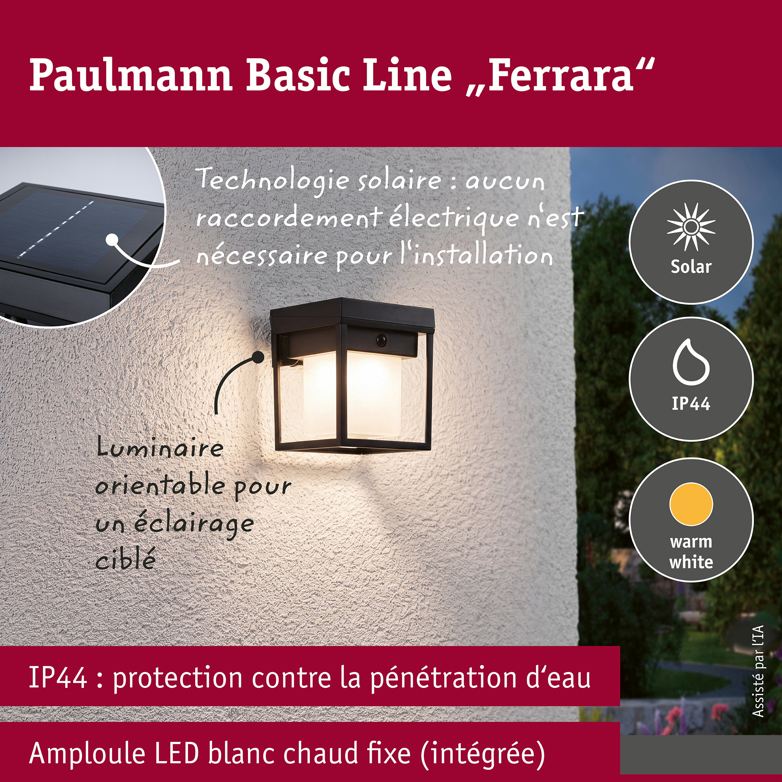 Solar Applique d'extérieur LED Ferrara IP44 carré 121x156mm 3000K 4,2W 400lm 3,7V Noir