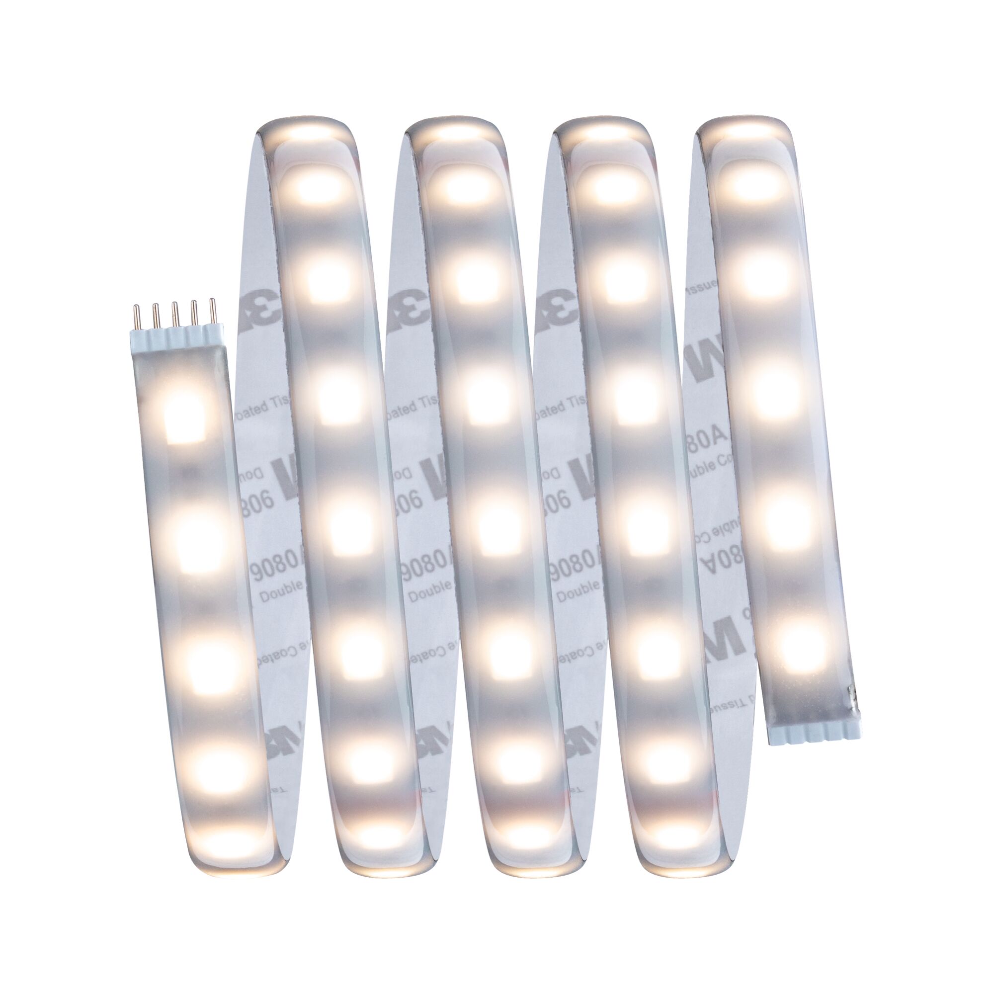 Flexible LED strip light with warm white glow and adhesive backing for versatile lighting solutions.