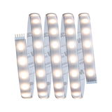 Flexible LED strip light with warm white glow and adhesive backing for versatile lighting solutions.