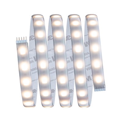 Flexible LED strip light with warm white glow and adhesive backing for versatile lighting solutions.