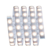 Flexible LED strip light with warm white glow and adhesive backing for versatile lighting solutions.