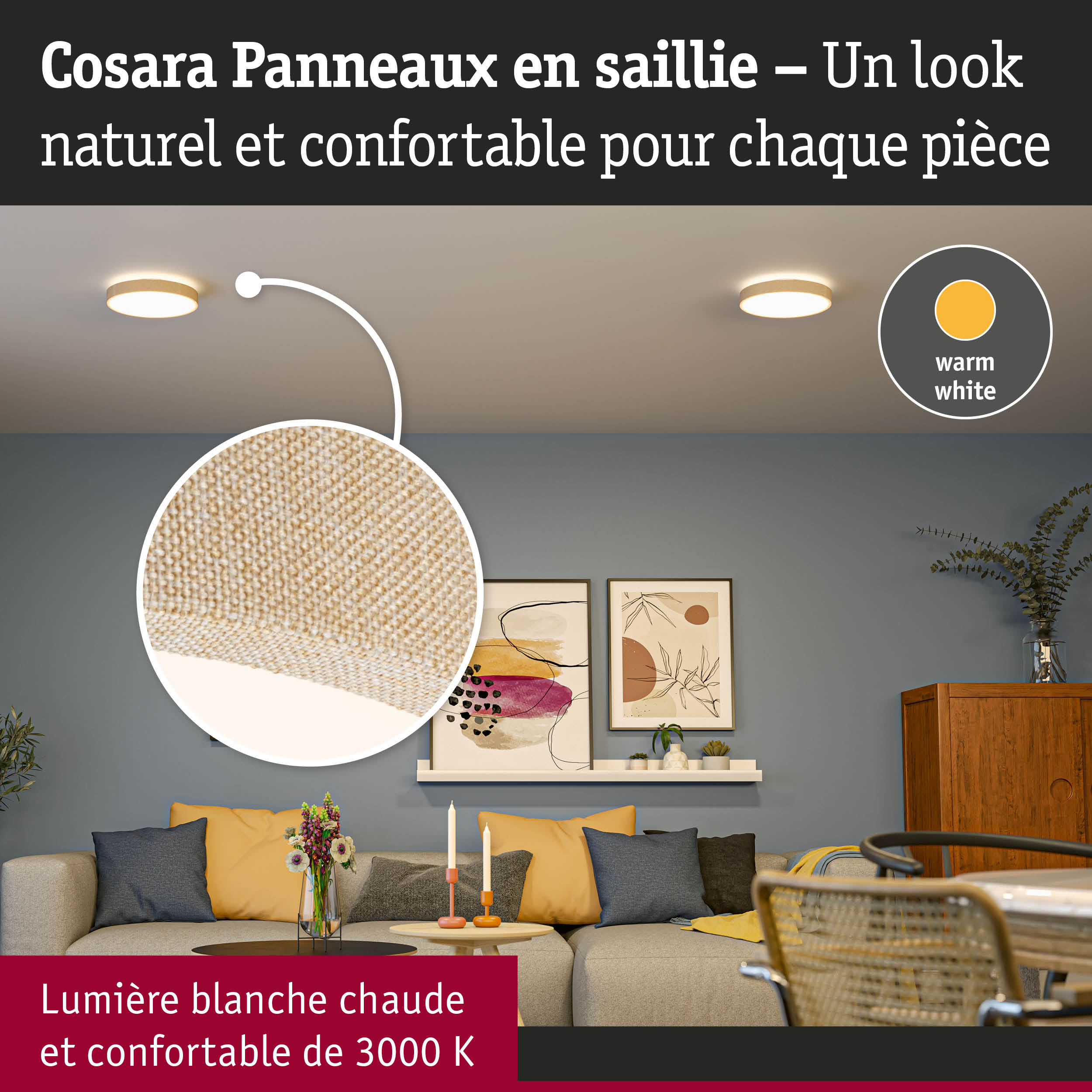 Salon avec canapé beige, coussins jaunes et éclairage plafond blanc chaud pour une ambiance cosy