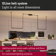 Modern black ULine lighting system above kitchen island with wooden countertop and white cabinets