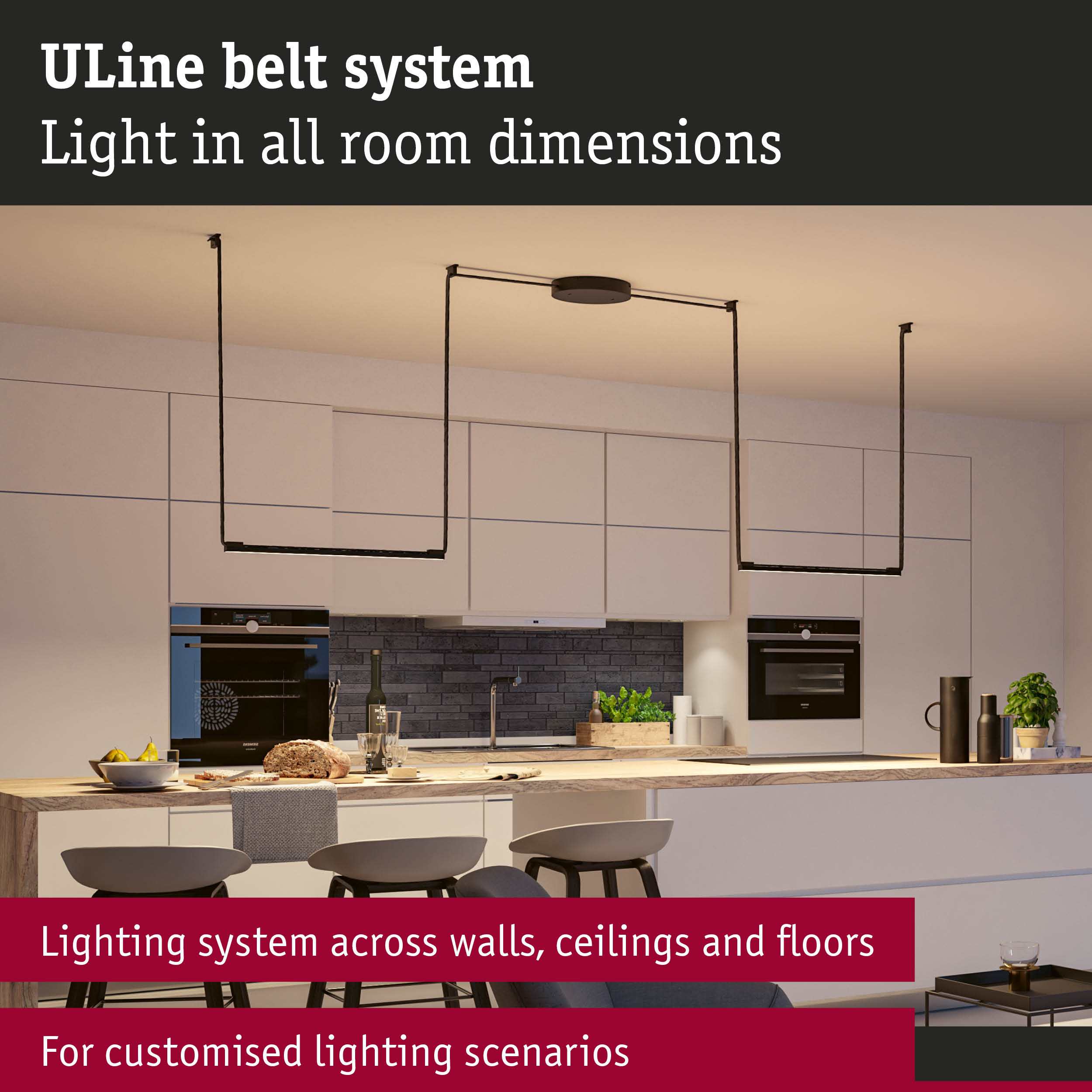 Modern black ULine lighting system above kitchen island with wooden countertop and white cabinets