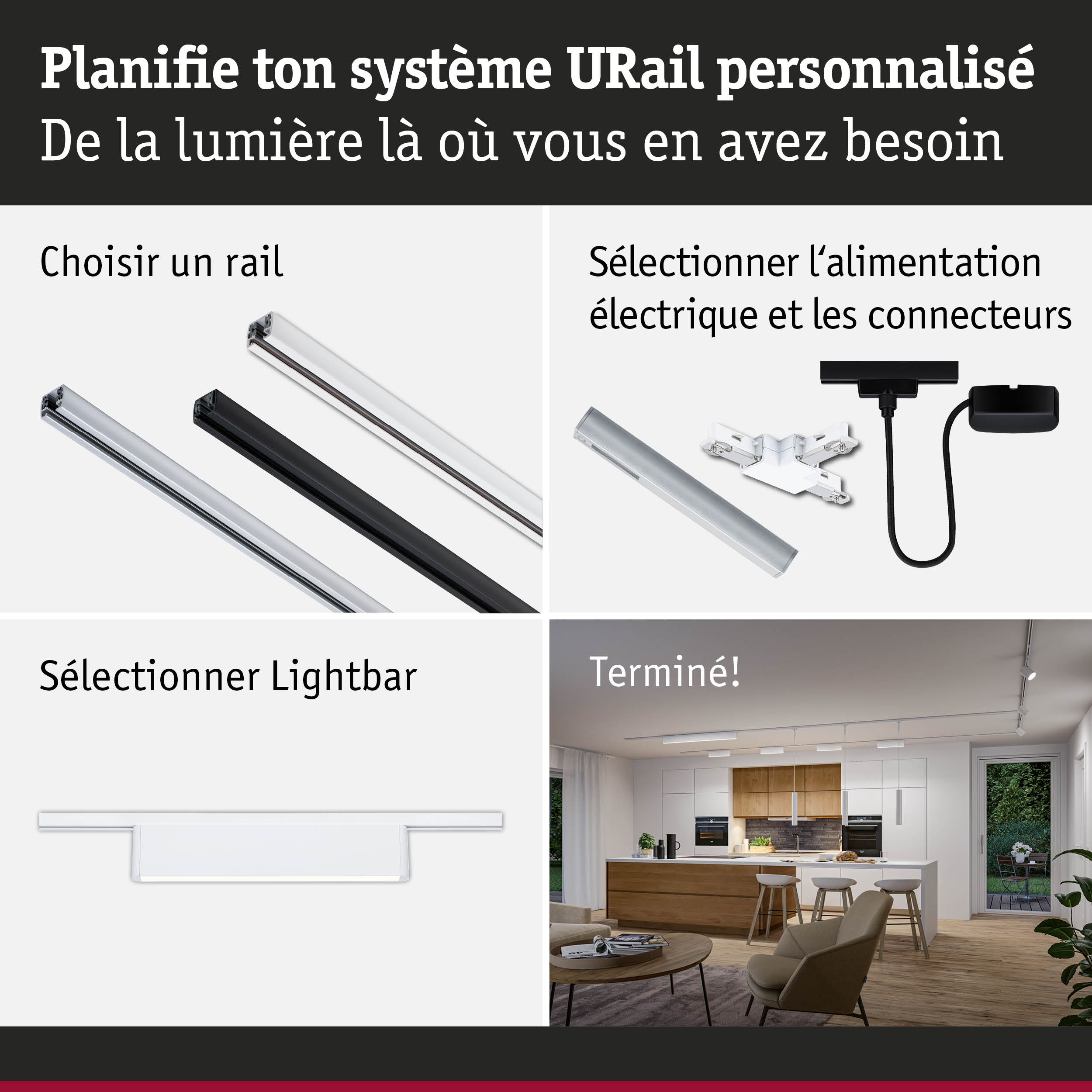 Système de rail URail modulaire en aluminium noir et blanc pour éclairage LED flexible.