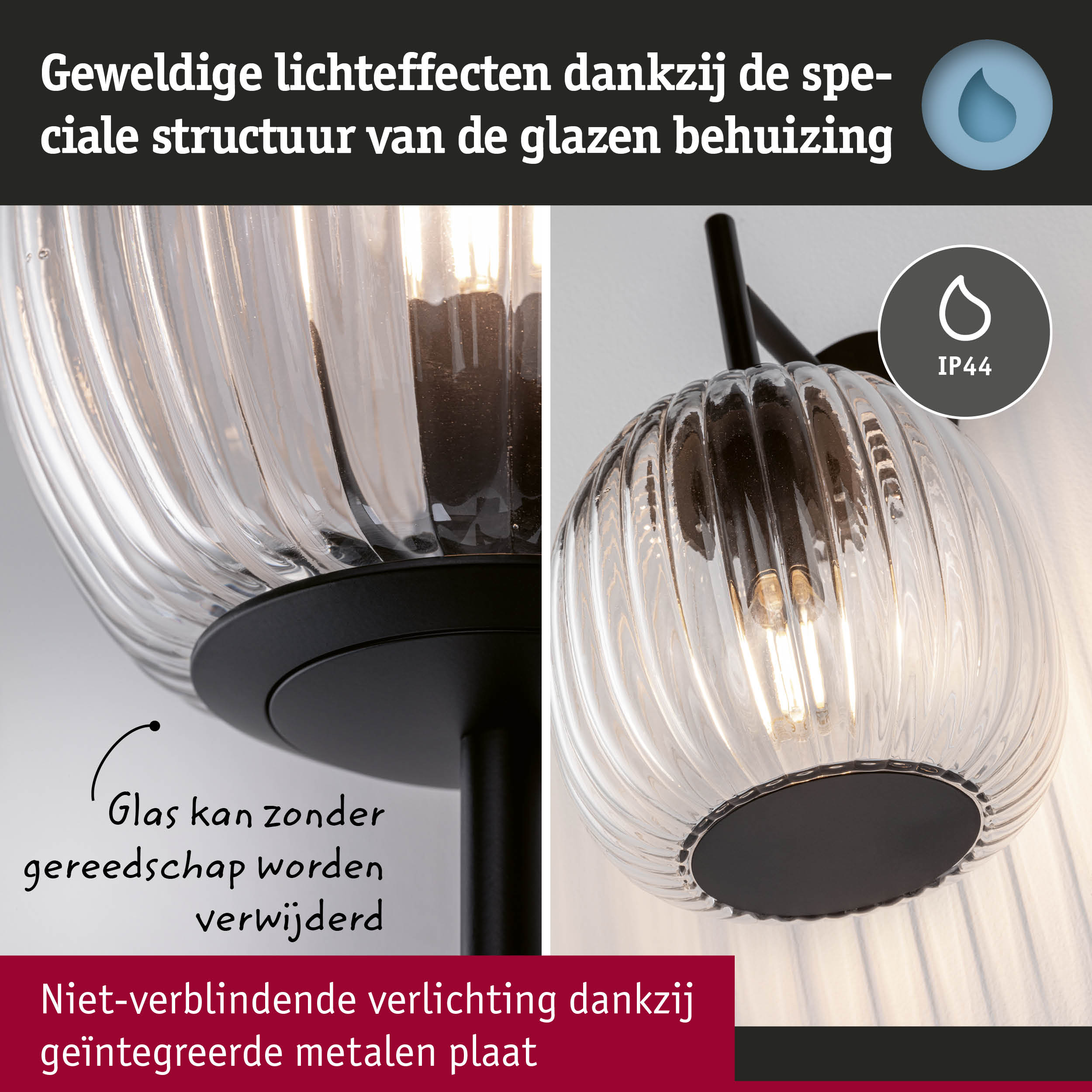 Glazen lamp met speciale structuur en geïntegreerde zwarte metalen plaat voor niet-verblindende verlichting IP44