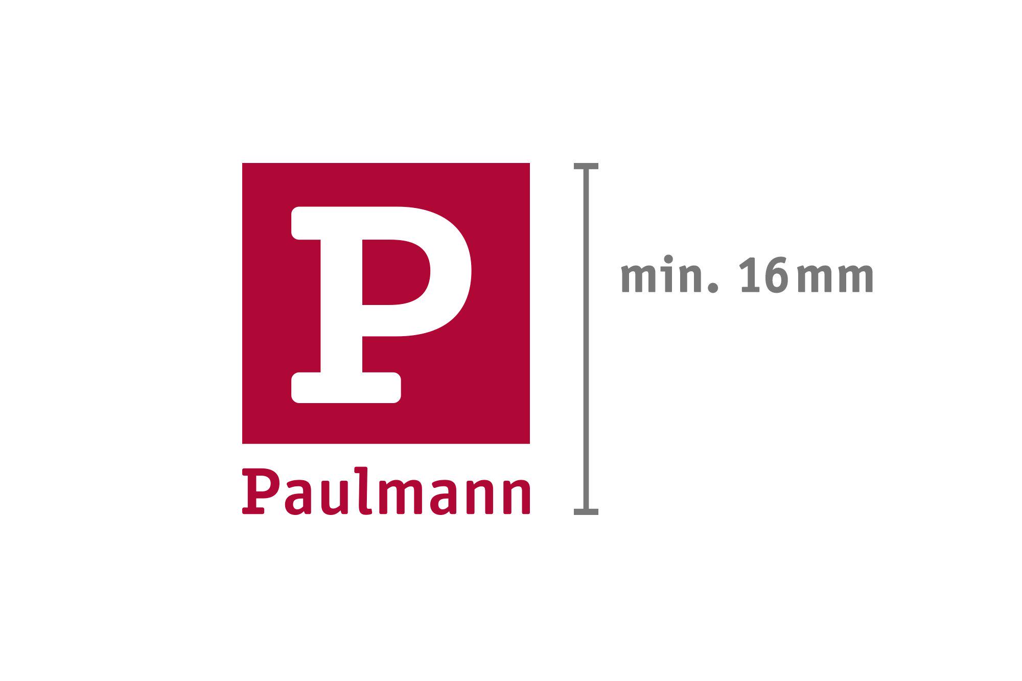 Paulmann Logo in weiß auf rotem Quadrat mit Mindestgröße von 16 mm für Markenkennzeichnung