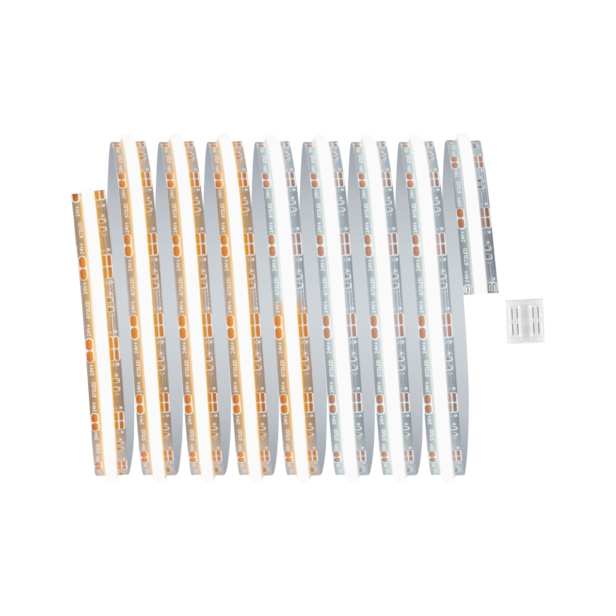 Bandeaux LED flexibles en blanc chaud et blanc froid avec connecteur transparent pour éclairage polyvalent.