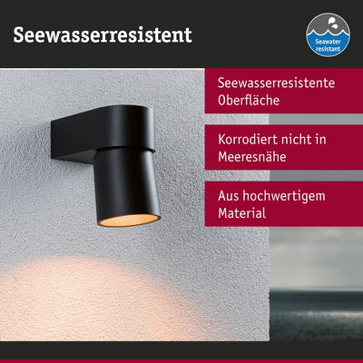 Schwarze Außenwandleuchte mit seewasserresistenter Oberfläche aus hochwertigem Material für Küstenbereiche