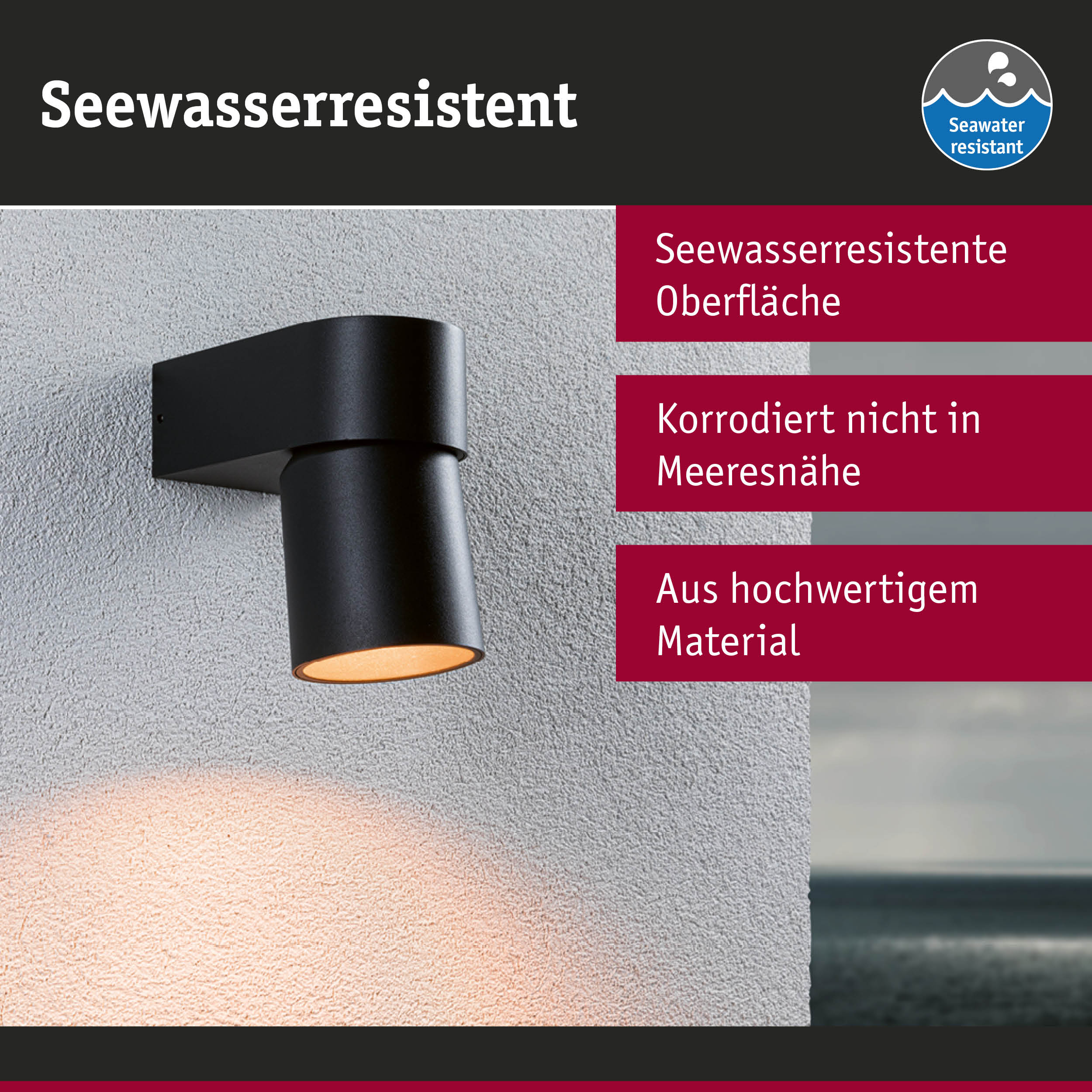 Schwarze Außenwandleuchte aus hochwertigem Material mit seewasserresistenter Oberfläche und warmem Licht