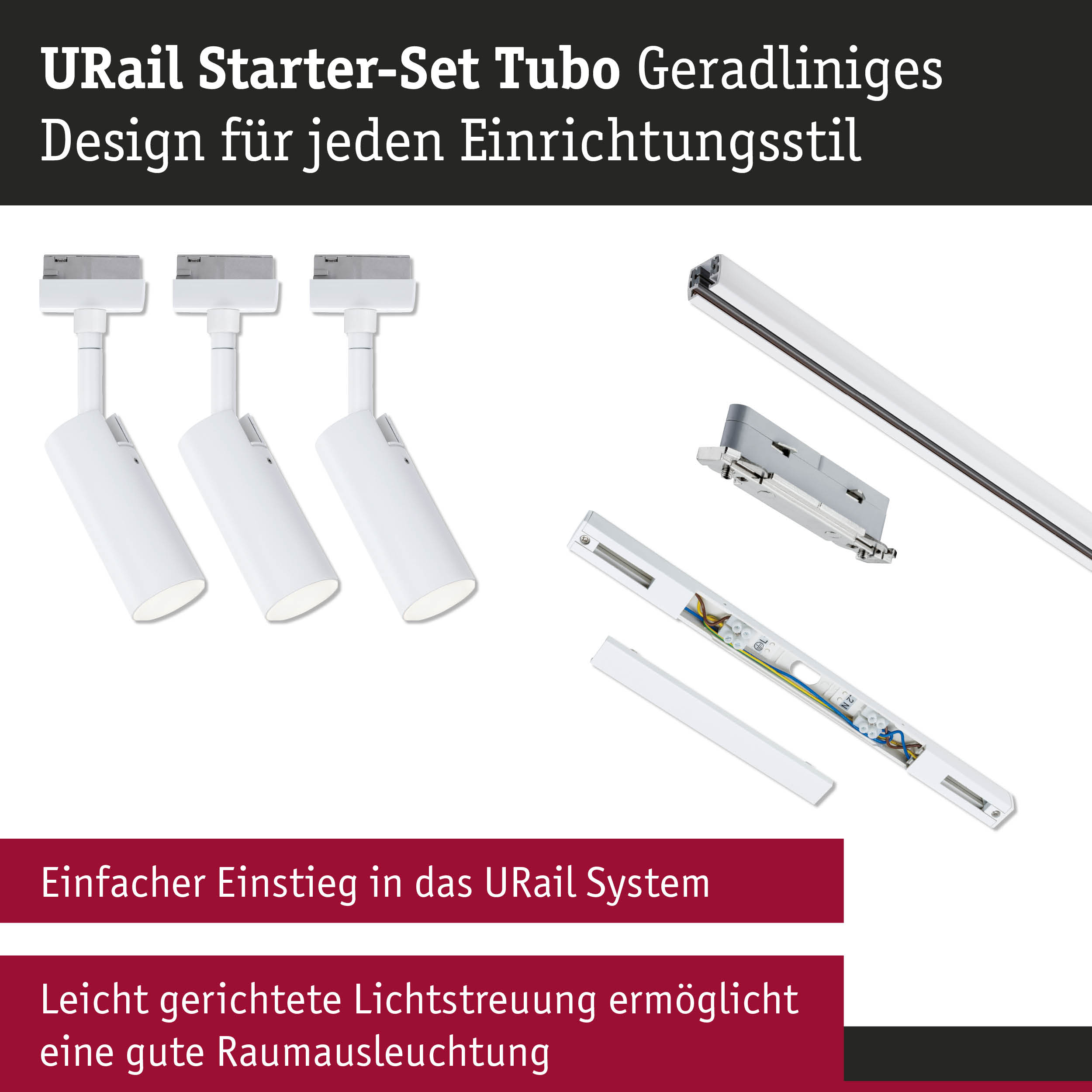 URail Starter-Set Tubo mit weißen LED-Strahlern und Schienen für flexible Raumbeleuchtung