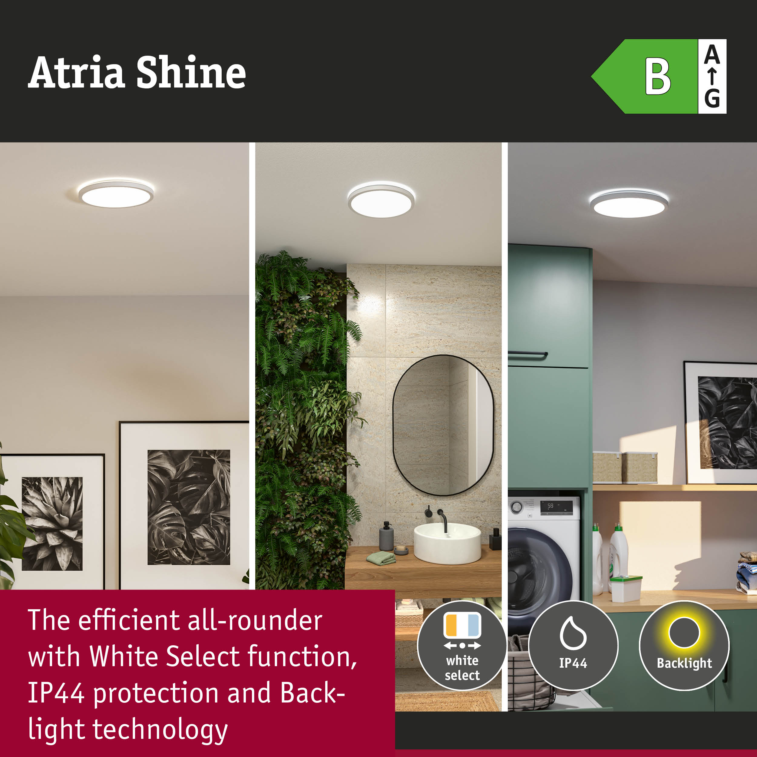Atria Shine white LED ceiling light with IP44 protection and backlight technology for versatile home use