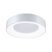 Round white metal LED ceiling light with diffused illumination for modern interiors