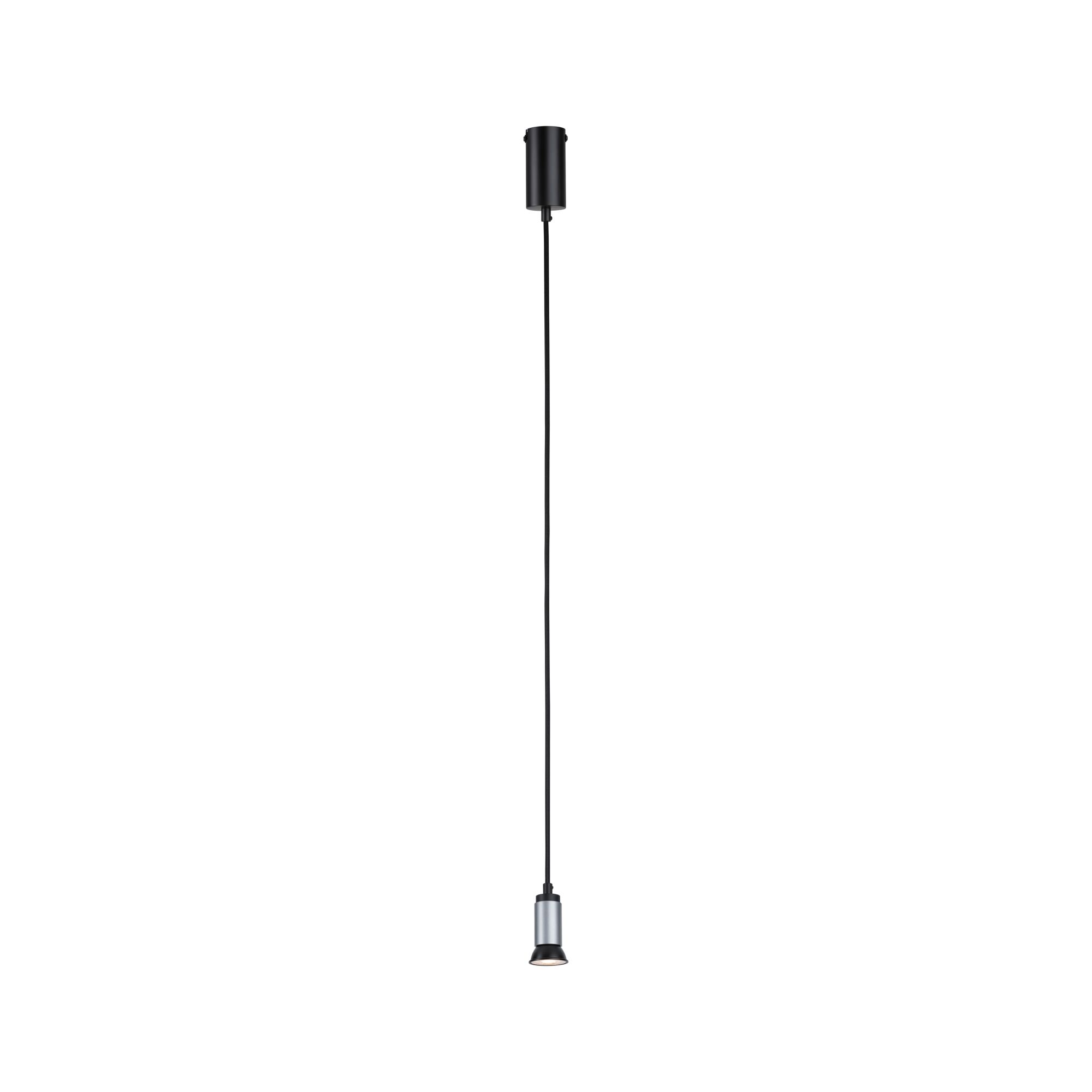 Modern pendant light with black cable and silver aluminum lamp head for accent lighting