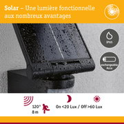 Lampe solaire noire avec indice IP65 et batterie rechargeable, détecteur de mouvement jusqu’à 8 m.