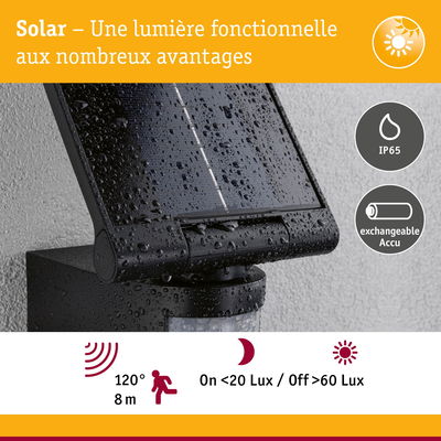 Lumière solaire noire avec protection IP65 et batterie échangeable, idéale pour éclairage extérieur avec détecteur.