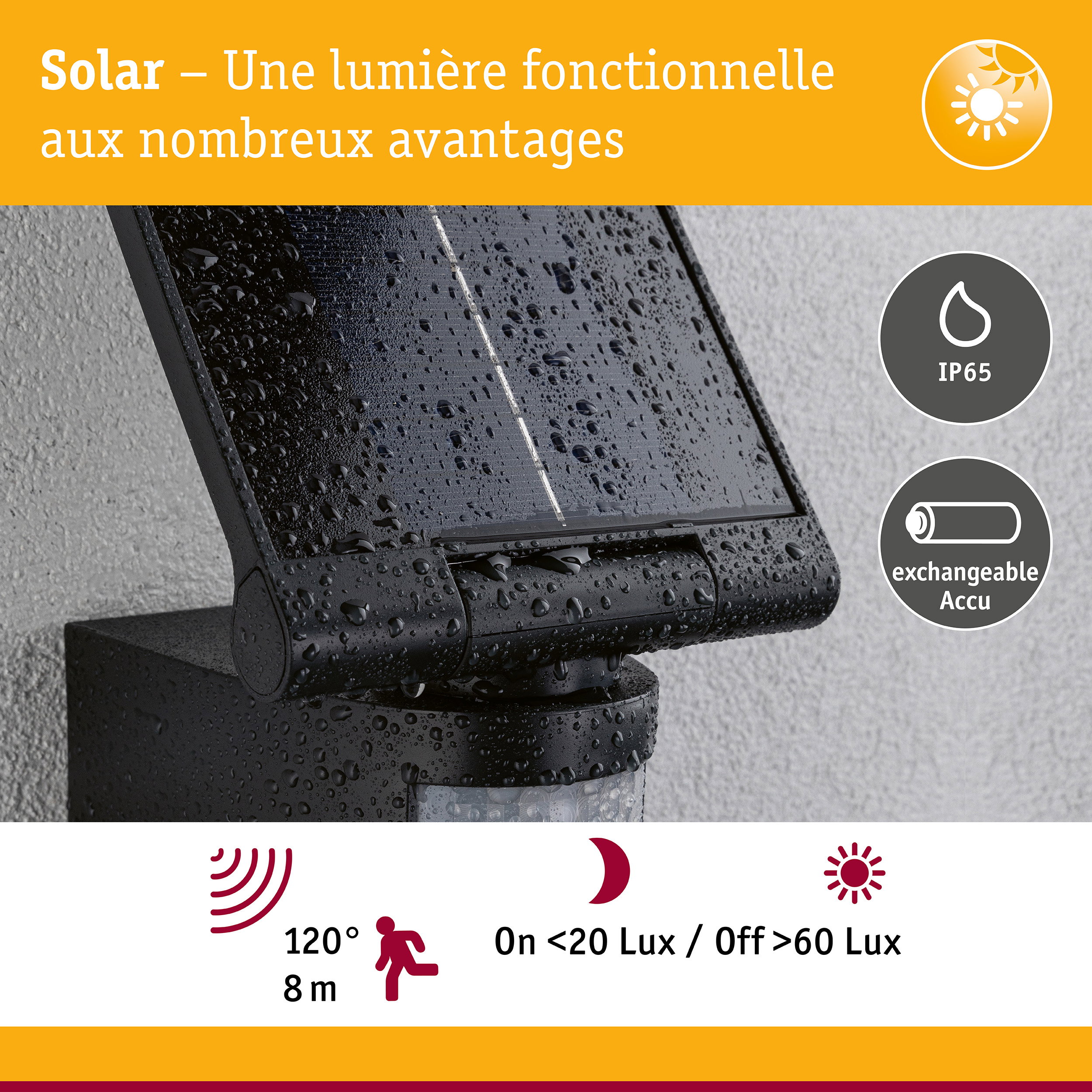 Lampe solaire noire avec indice IP65 et batterie rechargeable, détecteur de mouvement jusqu’à 8 m.