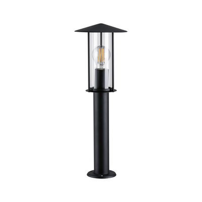 Black outdoor metal lamp with clear glass and visible LED bulb for garden lighting