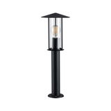 Black outdoor metal lamp with clear glass and visible LED bulb for garden lighting
