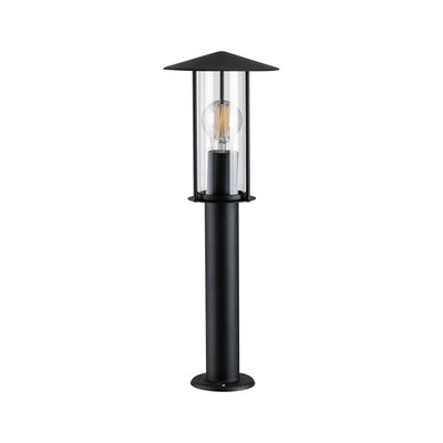 Schwarze Außenleuchte aus Metall mit klarem Glas und sichtbarer LED-Glühbirne für Gartenbeleuchtung