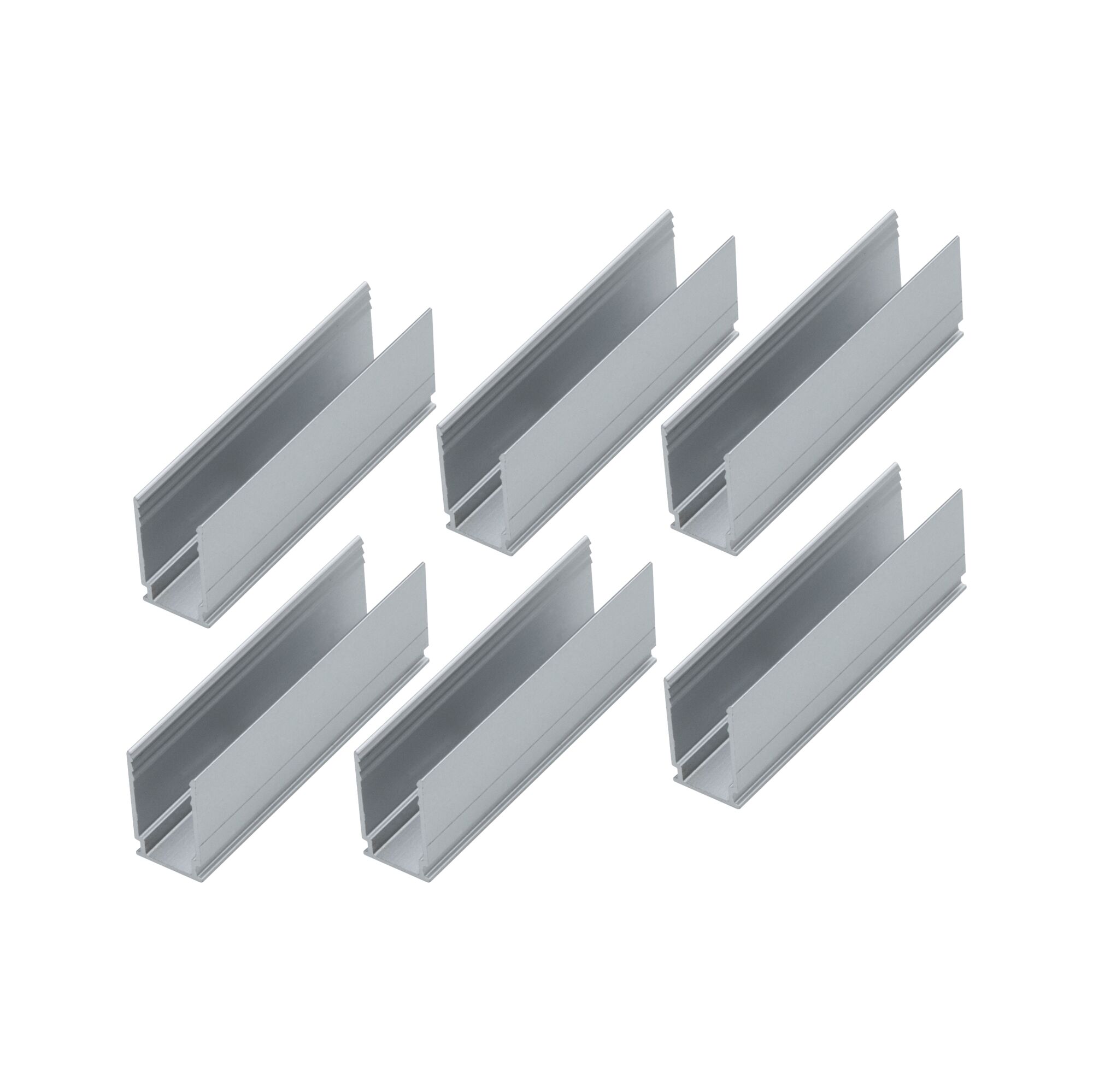 Six silver aluminum U-shaped profiles for LED track lighting, durable mounting accessories