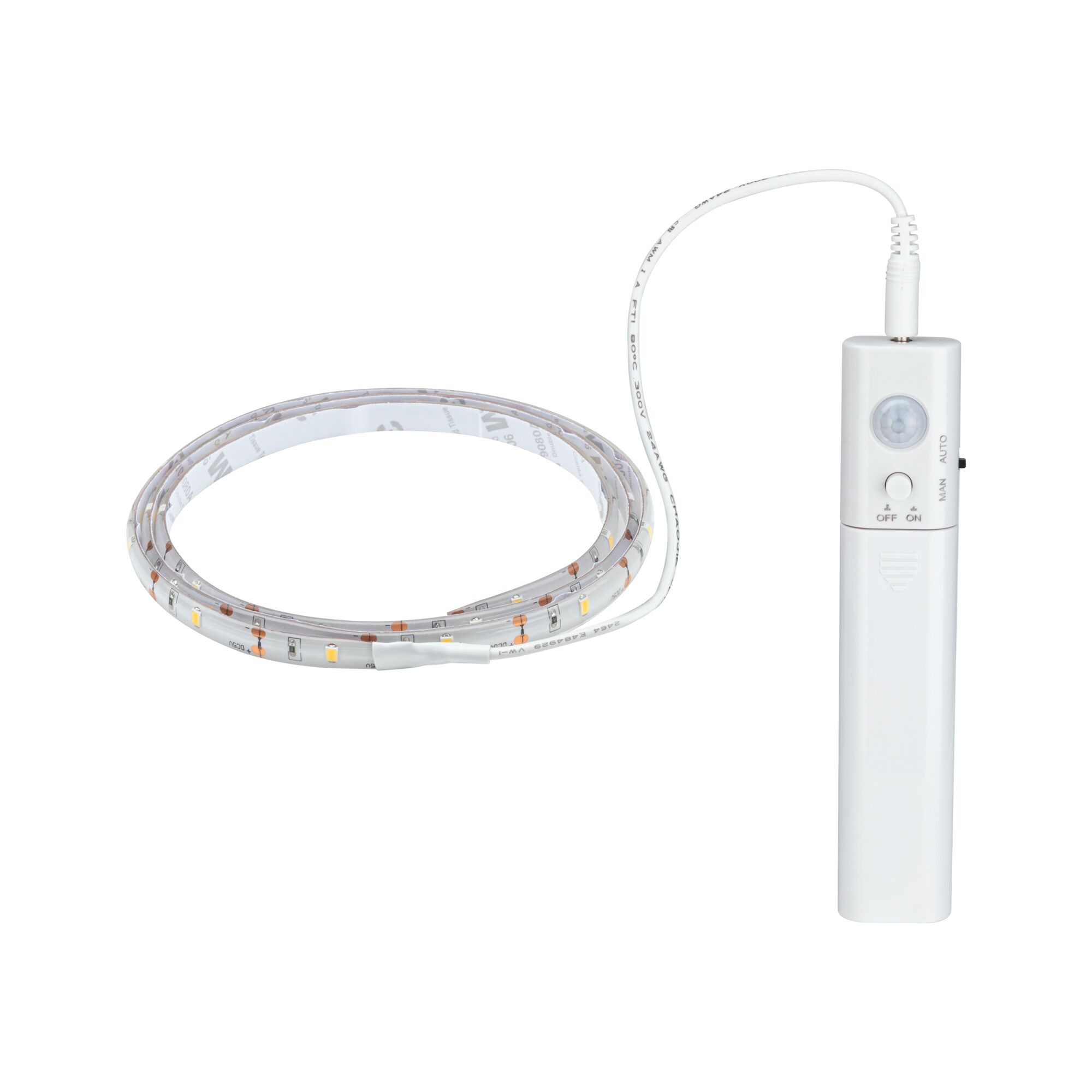 Weißer LED-Streifen mit Bewegungsmelder und Schalter für flexible Lichtsteuerung im Innenbereich