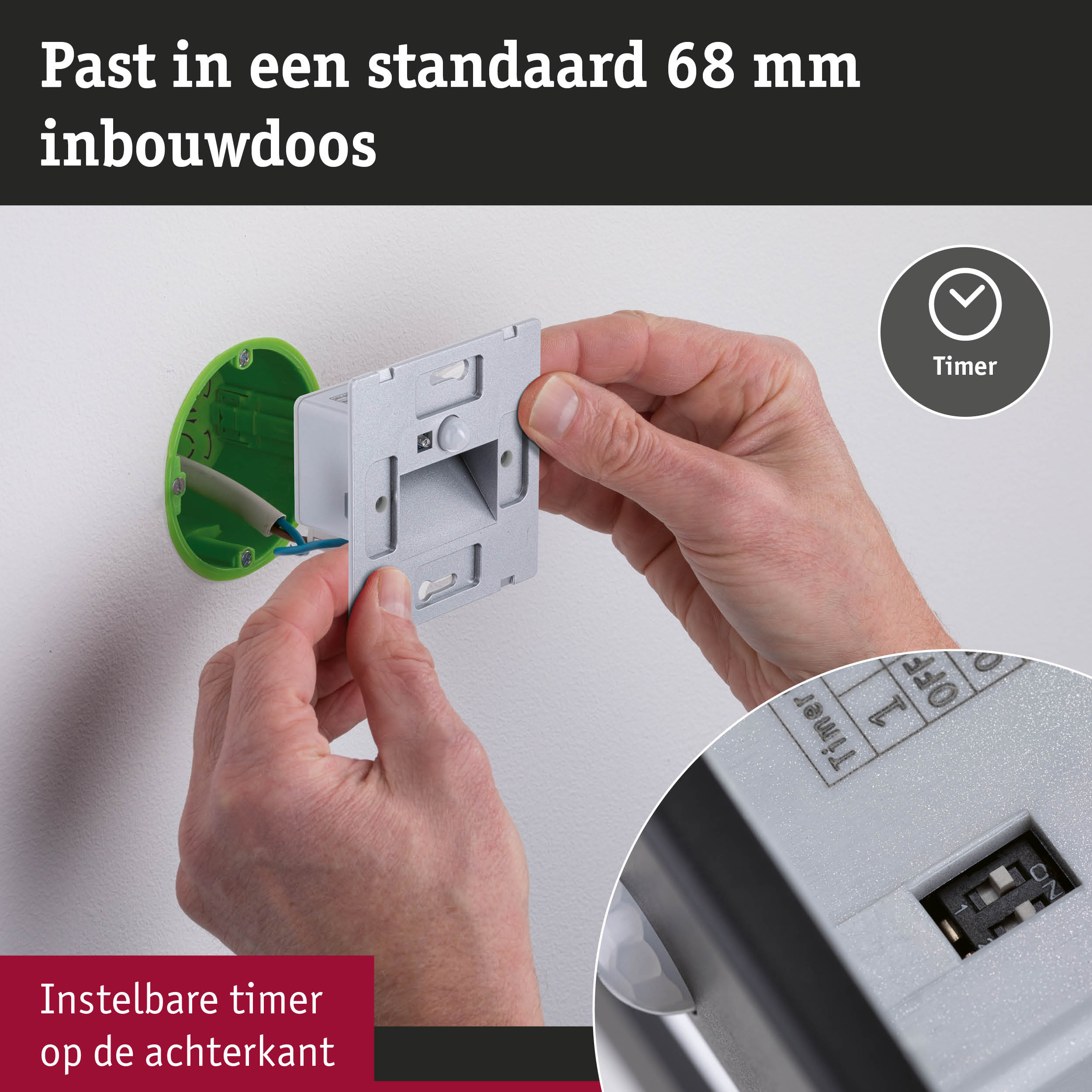 Hand plaatst witte timerschakelaar met instelbare timer in standaard 68 mm inbouwdoos