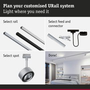 Modular URail track system with black and white aluminium rails for flexible LED lighting setup