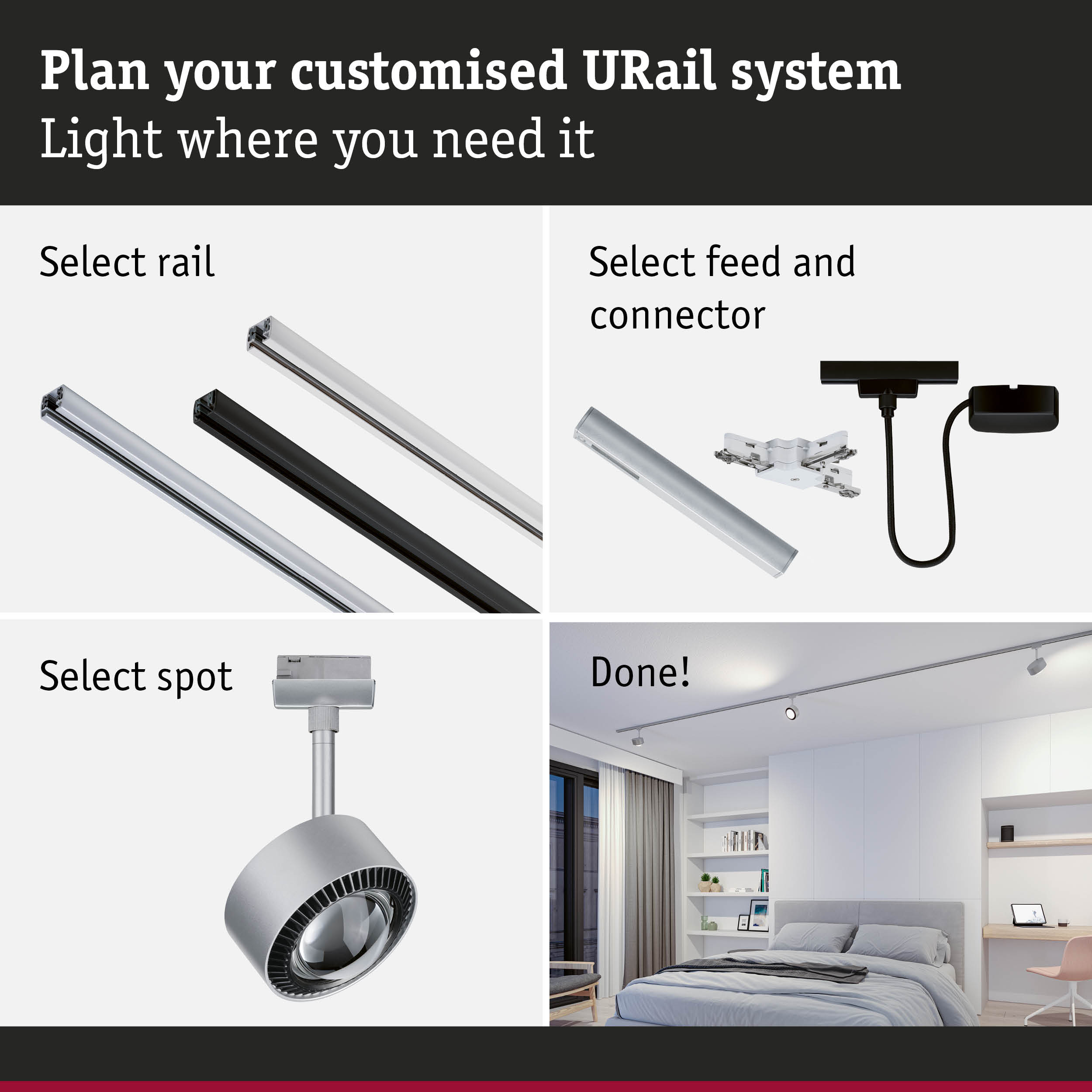 Modular URail track system with black and white aluminium rails for flexible LED lighting setup