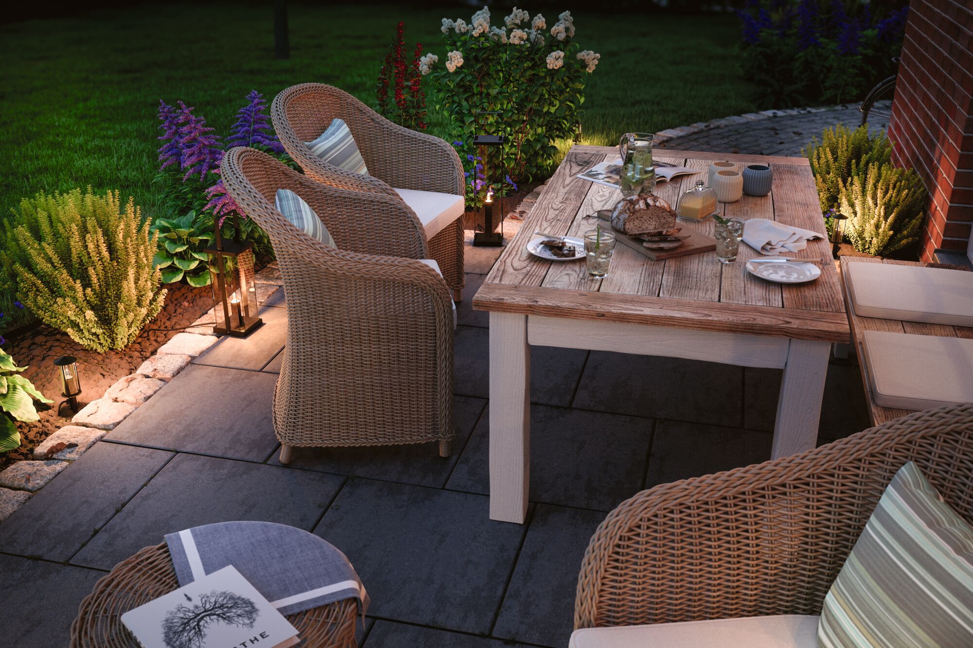 Cozy patio with rattan furniture and wooden garden table, ambient outdoor lighting in the garden.