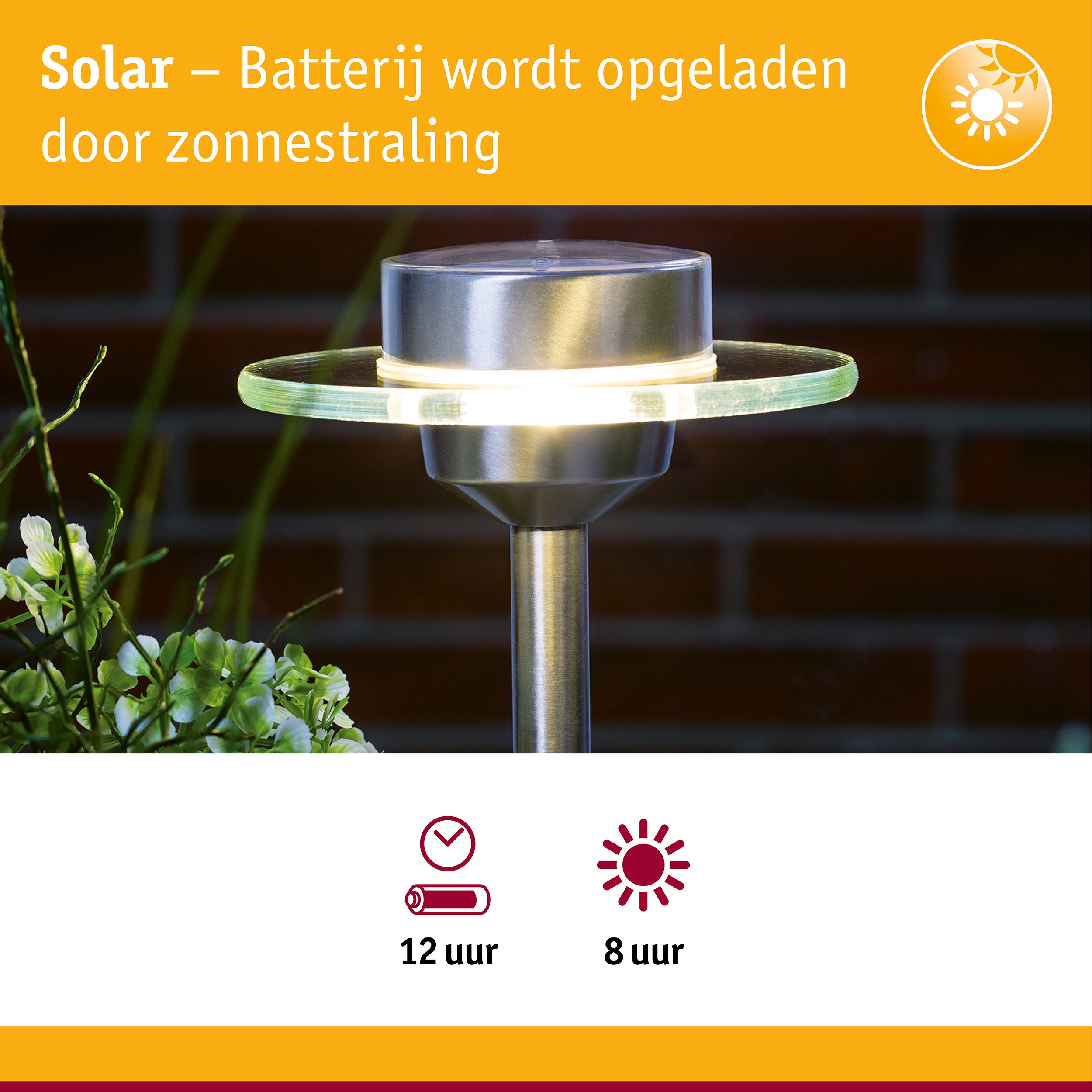 Zonne-energie tuinlamp van roestvrij staal met glazen ring en energiezuinige LED-verlichting