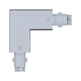 Grey aluminum corner connector for track lighting systems with screws and arrow markings