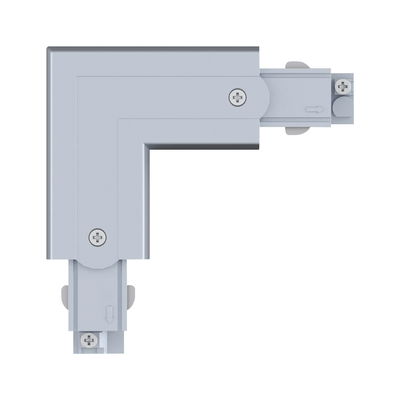 Grey aluminum corner connector for track lighting systems with screws and arrow markings