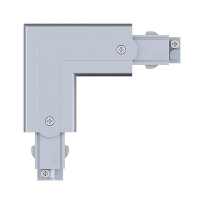 Grauer Aluminium-Winkelverbinder für Schienensysteme mit Schrauben und Pfeilmarkierungen