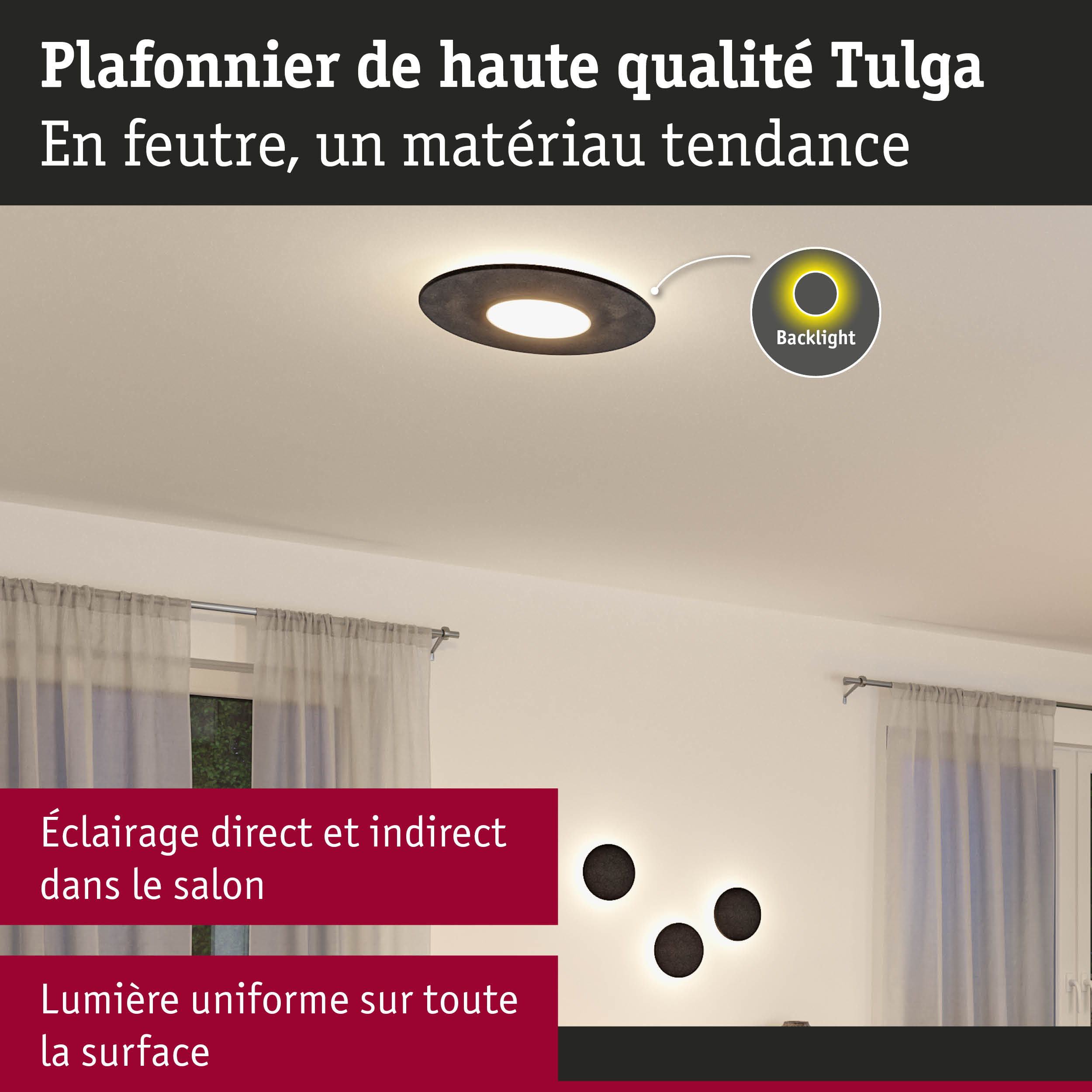 Plafonnier Tulga en feutre noir avec éclairage indirect et rétroéclairage pour salon moderne