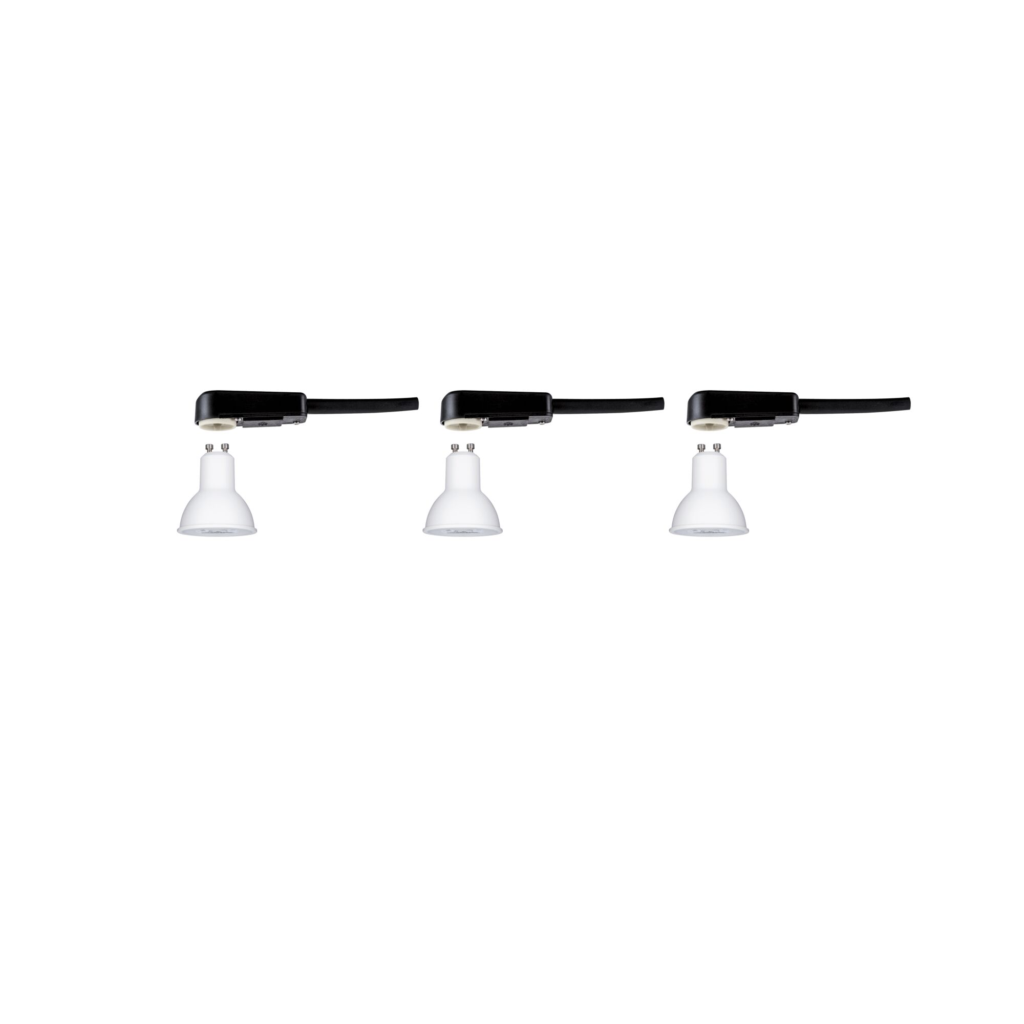 Drie witte GU10 LED-spotjes met zwarte kabel voor veelzijdige verlichtingsoplossingen.